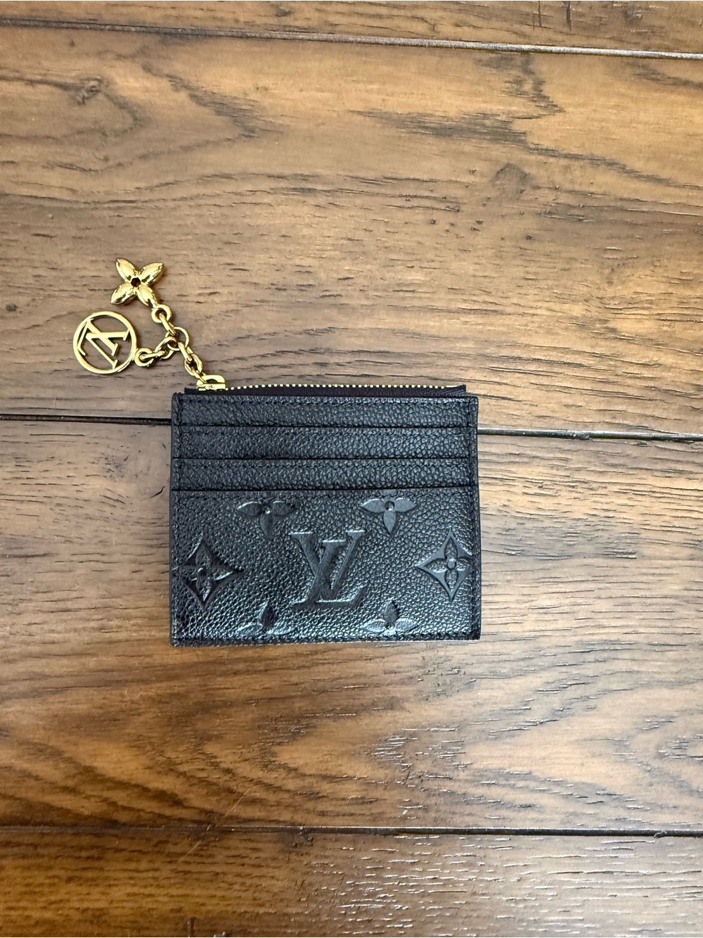 Louis Vuitton Black Embossed Monogram Card Holder with Zip Charm